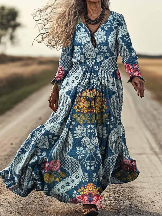 Retro Boho Floral Art Print Vintage Chic V-Neck Long Sleeve Midi Dress