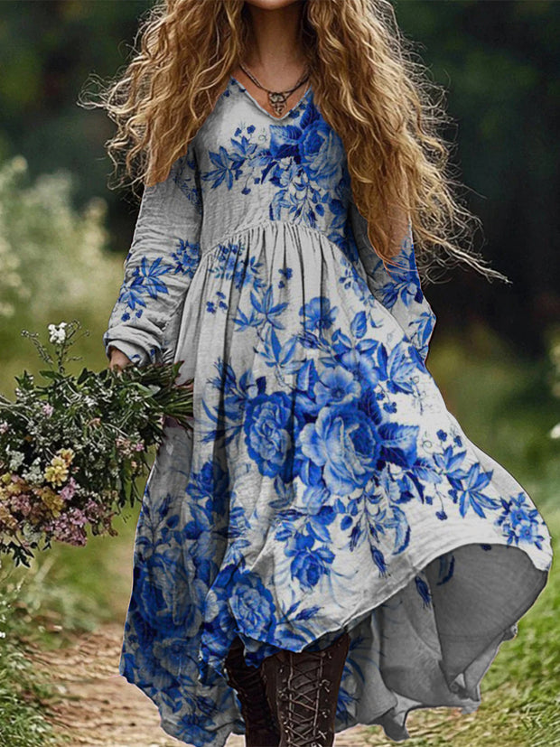 Retro Boho Floral Art Print Vintage Chic V-Neck Long Sleeve Midi Dress