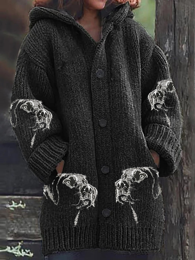 Retro Embroidered Dog Print Button Thick Long Sleeve Hooded Cardigan