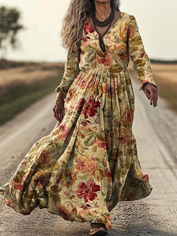 Retro Boho Floral Art Print Vintage Chic V-Neck Long Sleeve Midi Dress