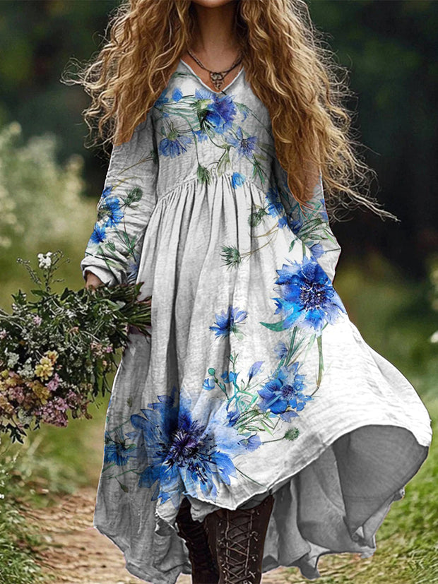 Retro Boho Floral Art Print Vintage Chic V-Neck Long Sleeve Midi Dress