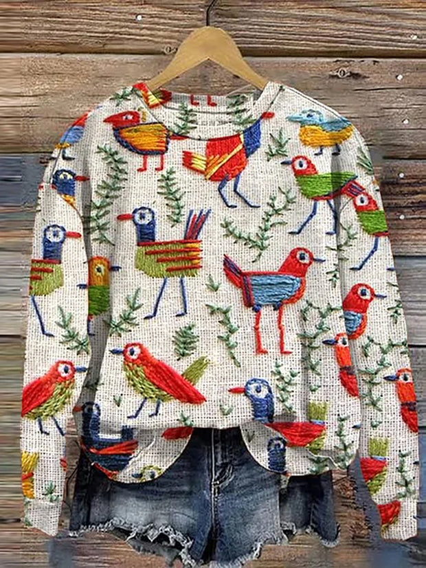 Retro Embroidered Art Bird Print Casual Round Neck Long Sleeve Sweater Top