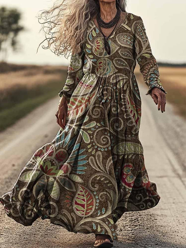 Retro Boho Floral Art Print Vintage Chic V-Neck Long Sleeve Midi Dress