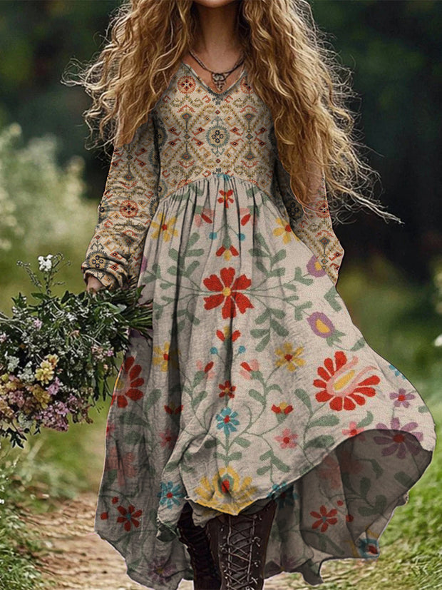 Retro Boho Floral Art Print Vintage Chic V-Neck Long Sleeve Midi Dress