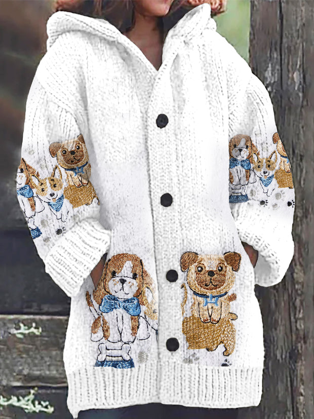 Retro Embroidered Dog Print Button Thick Long Sleeve Hooded Cardigan