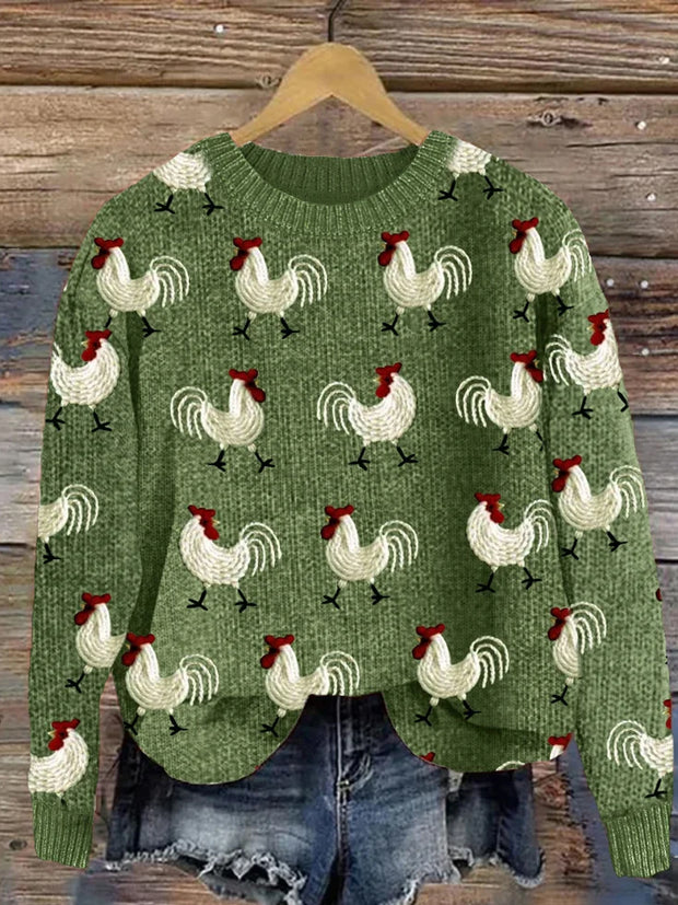 Retro Embroidered Chick Art Print Casual Round Neck Long Sleeve Sweater Top