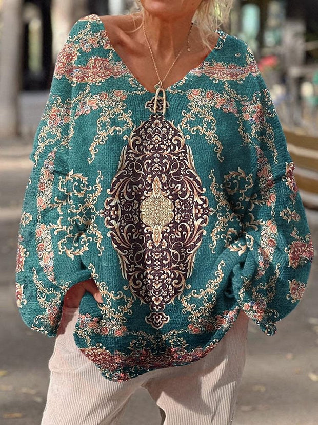 Elegant Retro Boho Art Print Vintage Loose Chic V-Neck Long Sleeve Thick Knit Sweater