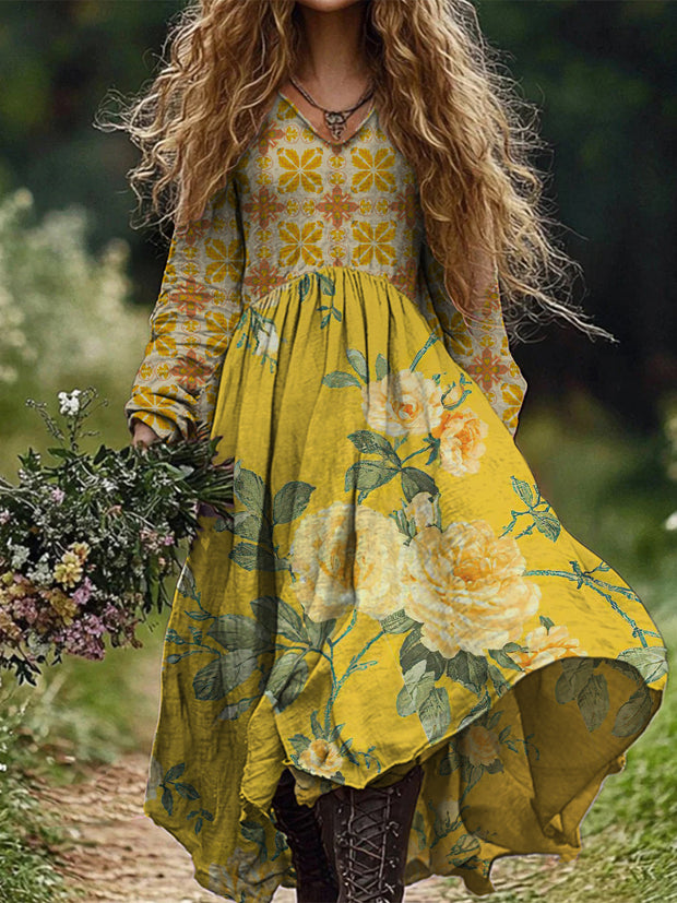 Retro Boho Floral Art Print Vintage Chic V-Neck Long Sleeve Midi Dress