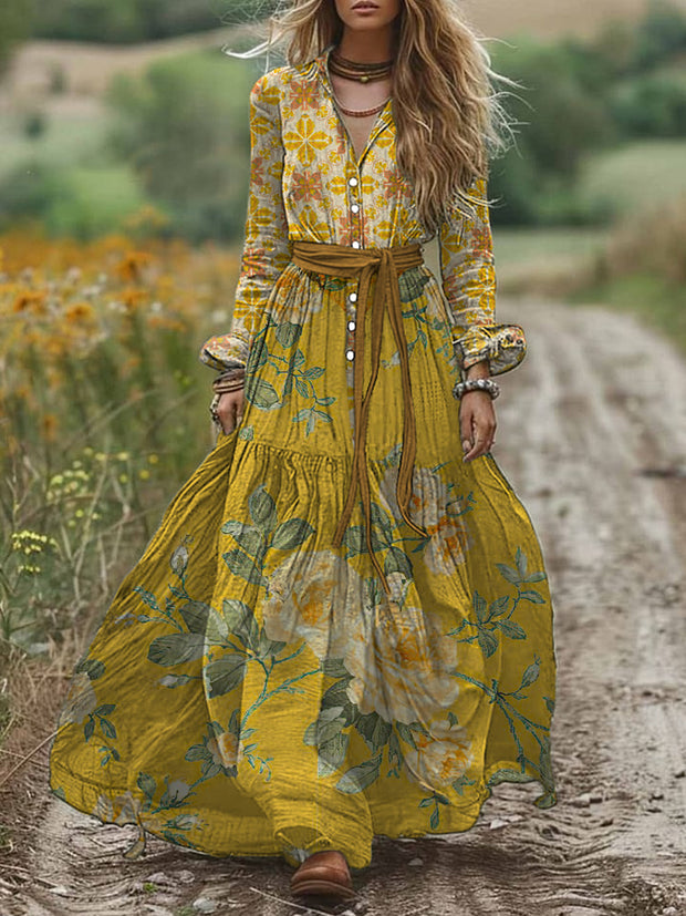 Retro Boho Floral Art Print Vintage Chic V-Neck Belt Elegan Long Sleeve Midi Dress