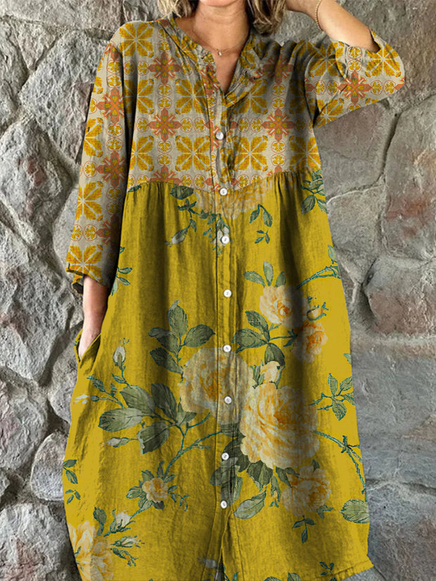 Retro Floral Art Print Vintage Chic V-Neck Button Up Long Sleeve Midi Dress