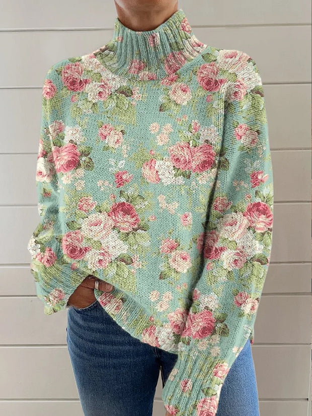 Women's Fashion Elegant Art Floral Print Long Sleeve Turtleneck Sweater