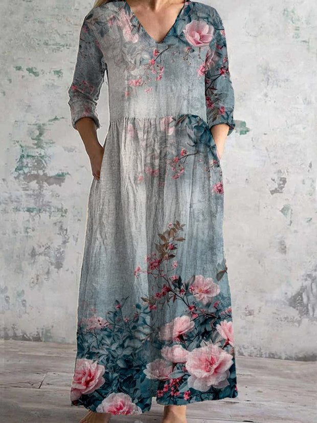 Women's Fashion Elegant Art Floral Print V-Neck Three-Quarter Sleeve Midi Dress