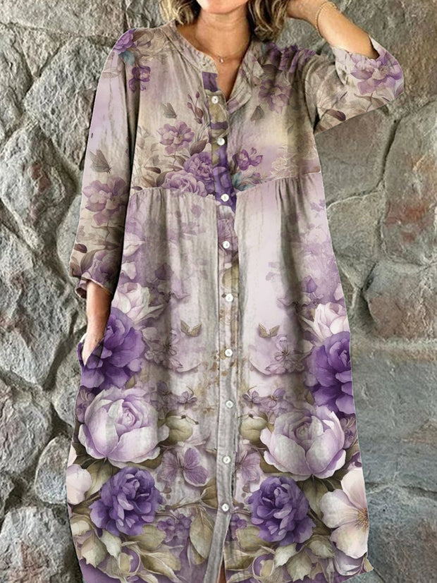 Women's Fashion Elegant Art Floral Print V-Neck Three-Quarter Sleeve Button Midi Dress