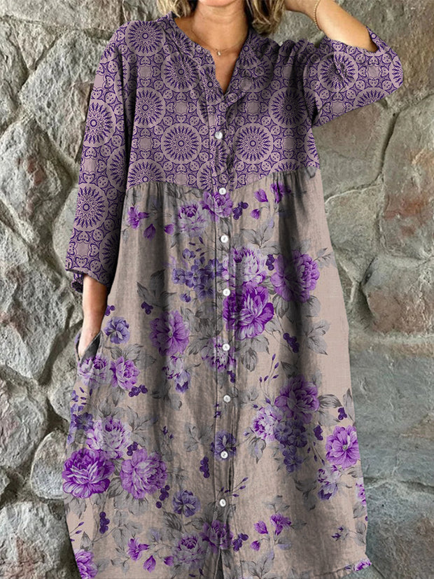 Retro Floral Art Print Vintage Chic V-Neck Button Up Long Sleeve Midi Dress