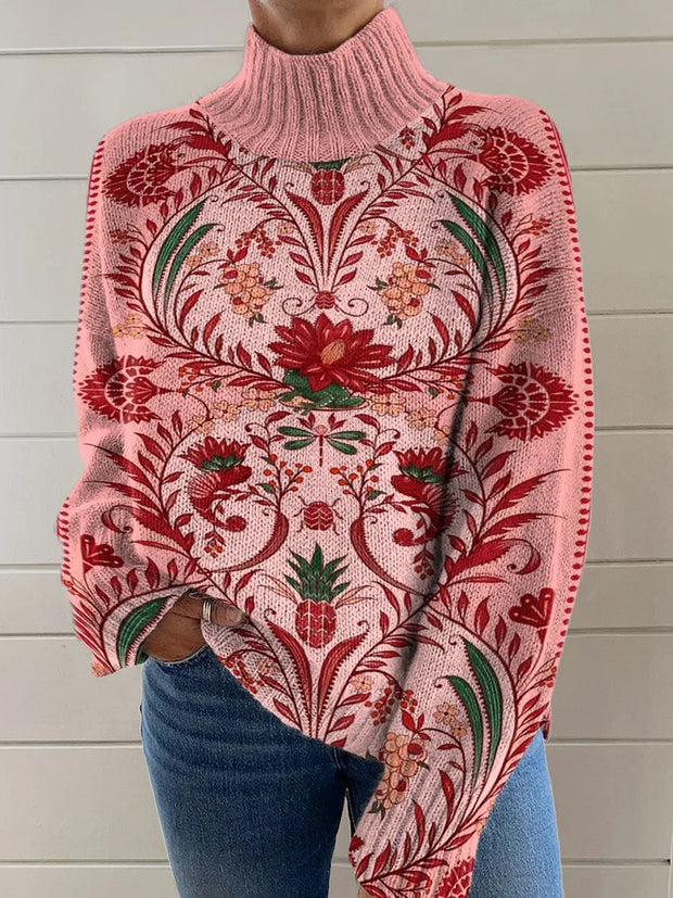 Women's Fashion Elegant Art Floral Print Long Sleeve Turtleneck Sweater