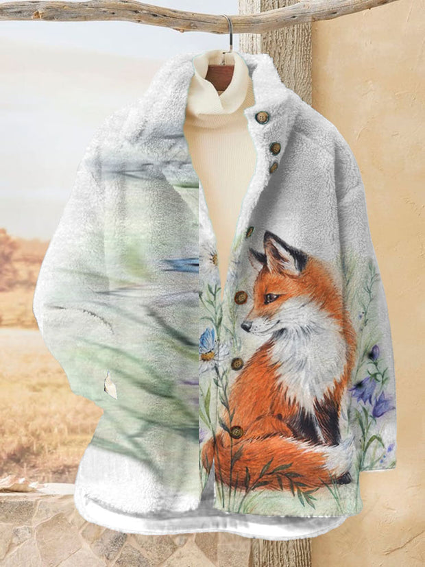 Women's Cute Fox Printed Flannel Long Sleved Casual Coat