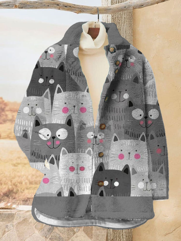 Women's Cute Cat Printed Flannel Long Sleved Casual Coat