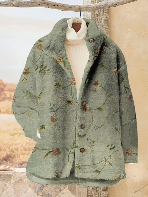 Women's Floral Printed Flannel Long Sleeved Casual Coat