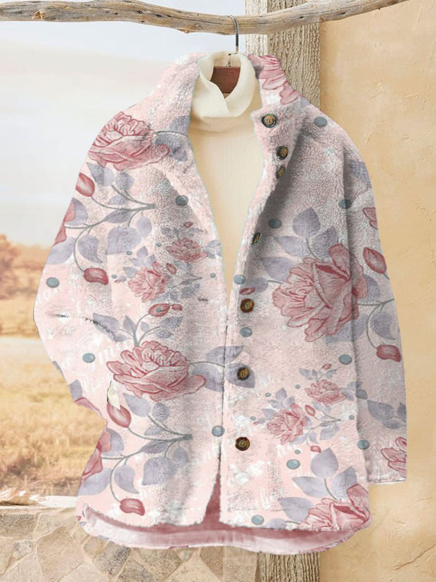 Women's Floral Printed Flannel Long Sleeved Casual Coat