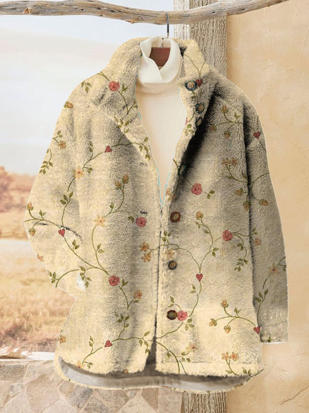 Women's Floral Printed Flannel Long Sleeved Casual Coat