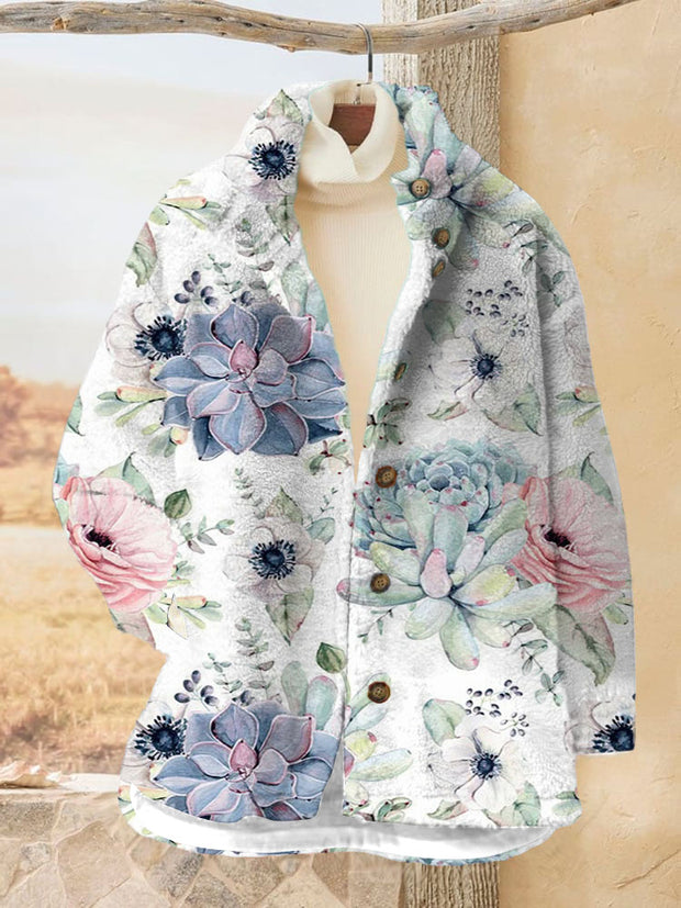 Women's Floral Printed Flannel Long Sleeved Casual Coat