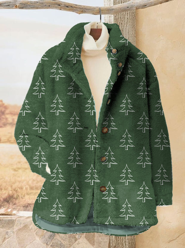 Women's Christmas Tree Printed Flannel Long Sleeved Casual Coat