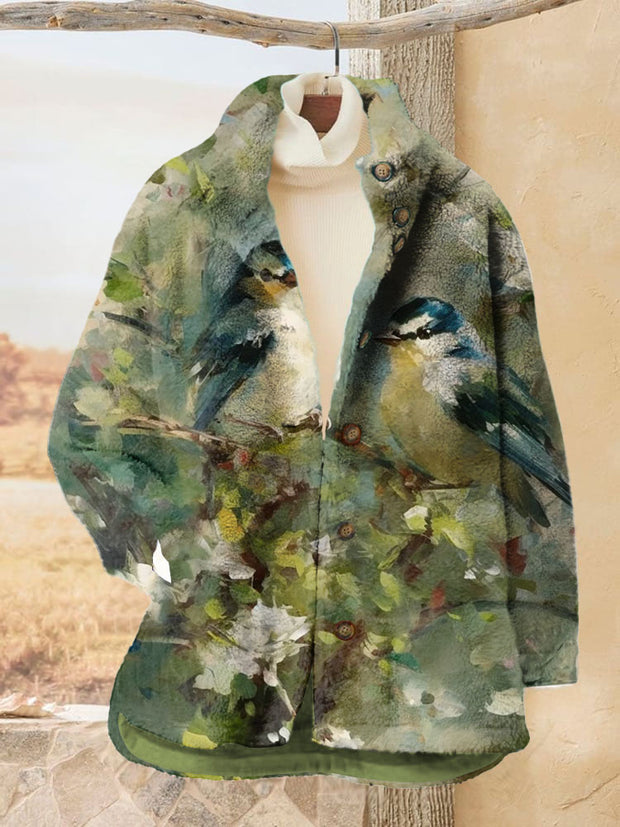 Women's Cute Bird Printed Flannel Long Sleved Casual Coat