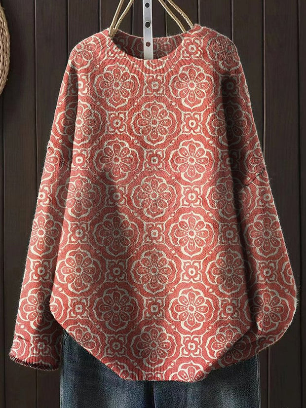 Women's Fashion Elegant Floral Art Print Round Neck Long Sleeve Sweater