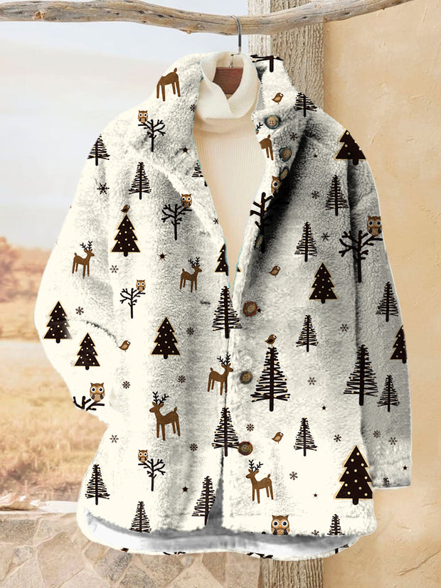 Women's Christmas Tree Printed Flannel Long Sleeved Casual Coat