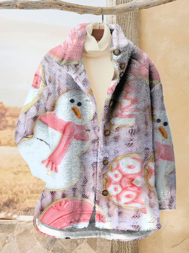 Women's Christmas Snowman Printed Flannel Long Sleeved Casual Coat