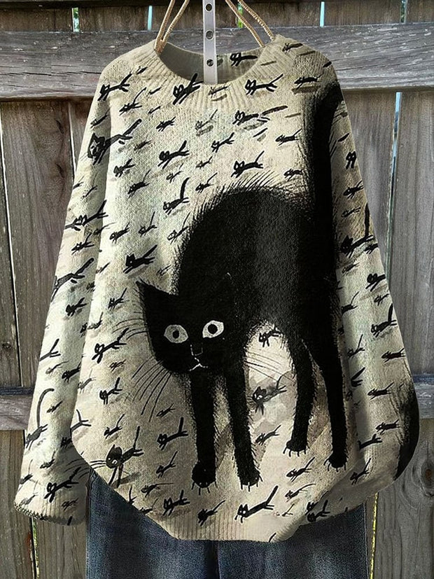 Women's Fashion Elegant Cat Art Print Round Neck Long Sleeve Sweater