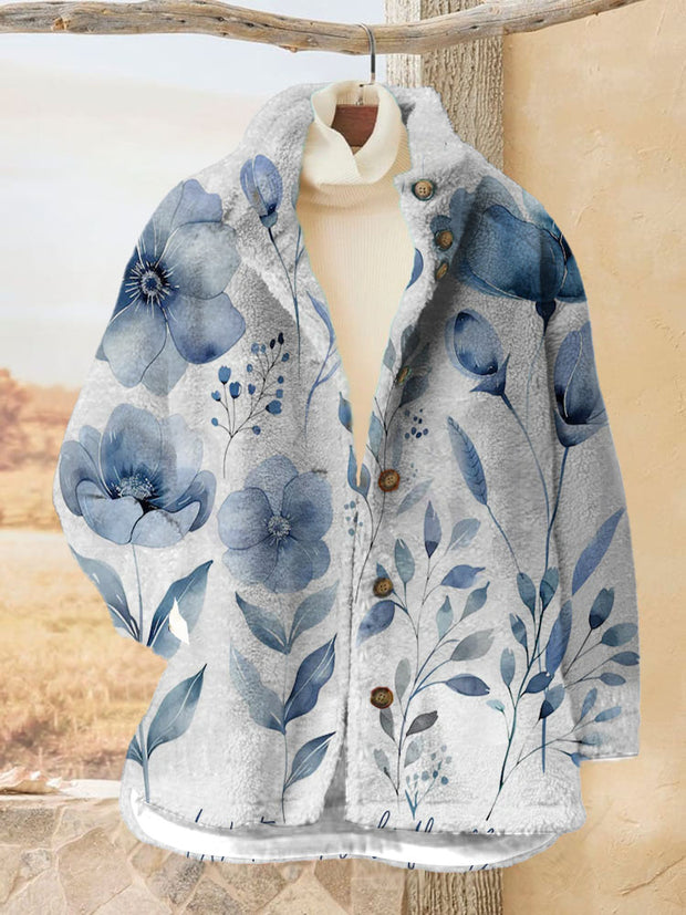 Women's Floral Printed Flannel Long Sleeved Casual Coat