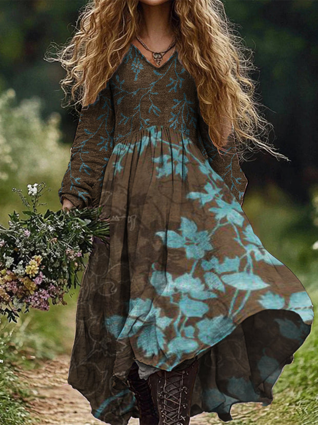 Retro Boho Floral Art Print Vintage Chic V-Neck Long Sleeve Midi Dress