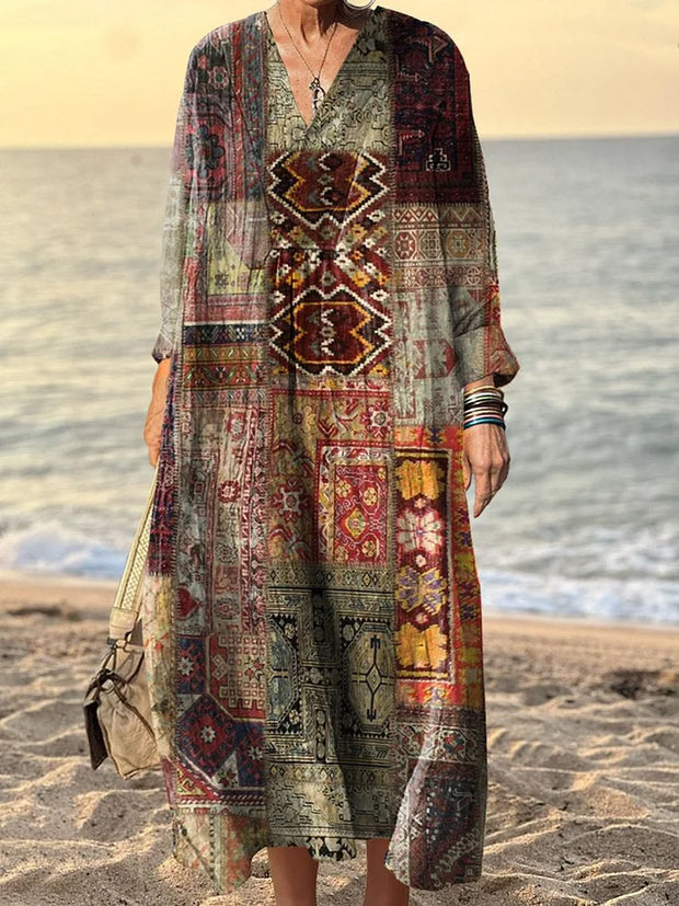 Women's Vintage Art Print V-Neck Three-Quarter Sleeves Elegant Long Dress