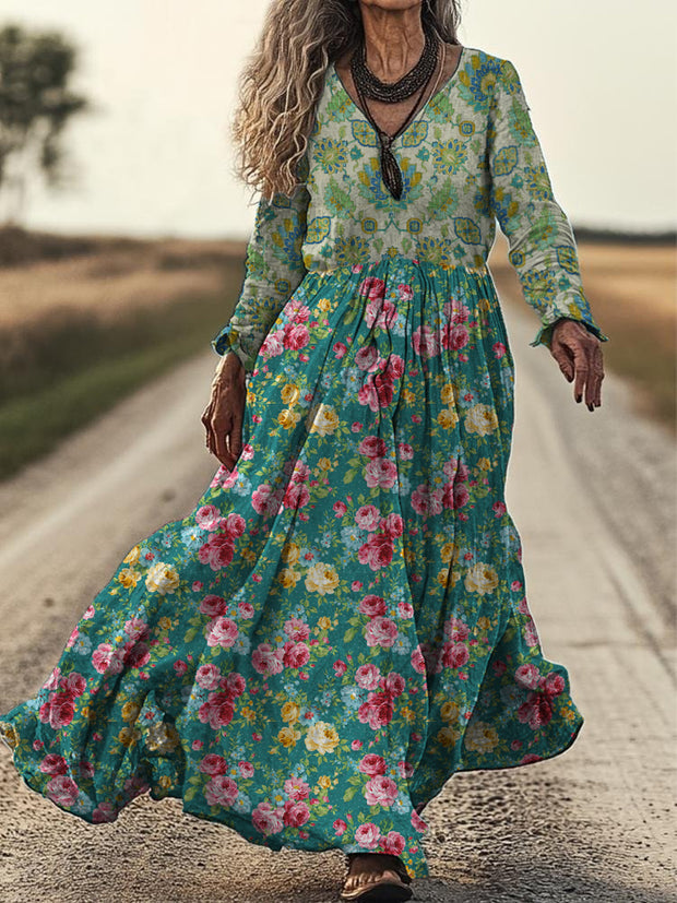 Retro Boho Floral Art Print Vintage Chic V-Neck Cotton Long Sleeve Midi Dress