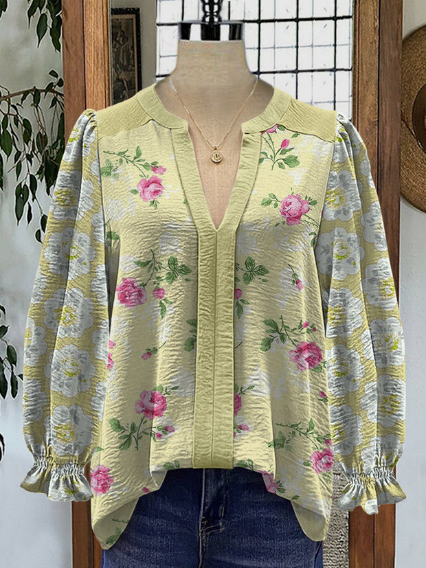 Retro Boho Floral Art Printed V-Neck Elegant Vintage Chic Bud Long Sleeve Shirt