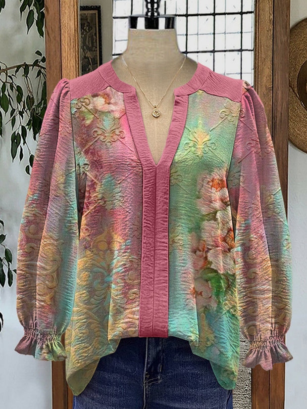 Retro Boho Floral Art Printed V-Neck Elegant Vintage Chic Bud Long Sleeve Shirt