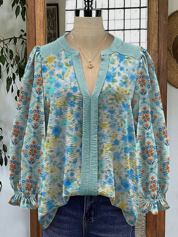 Retro Boho Floral Art Printed V-Neck Elegant Vintage Chic Bud Long Sleeve Shirt