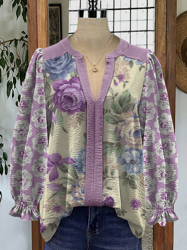 Retro Boho Floral Art Printed V-Neck Elegant Vintage Chic Bud Long Sleeve Shirt