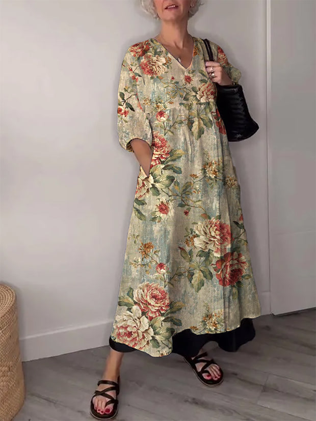 Vintage Floral Art Print V Neck Elegant Chic Loose Long Sleeve Midi Dress