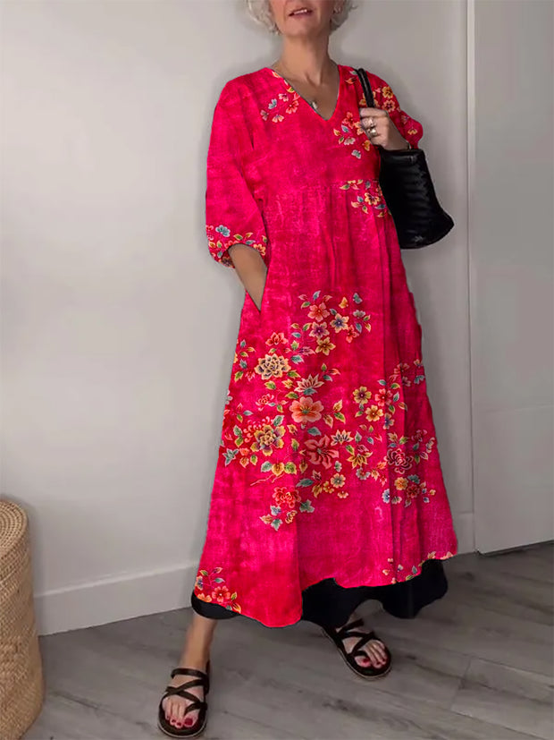 Vintage Floral Art Print V Neck Elegant Chic Loose Long Sleeve Midi Dress