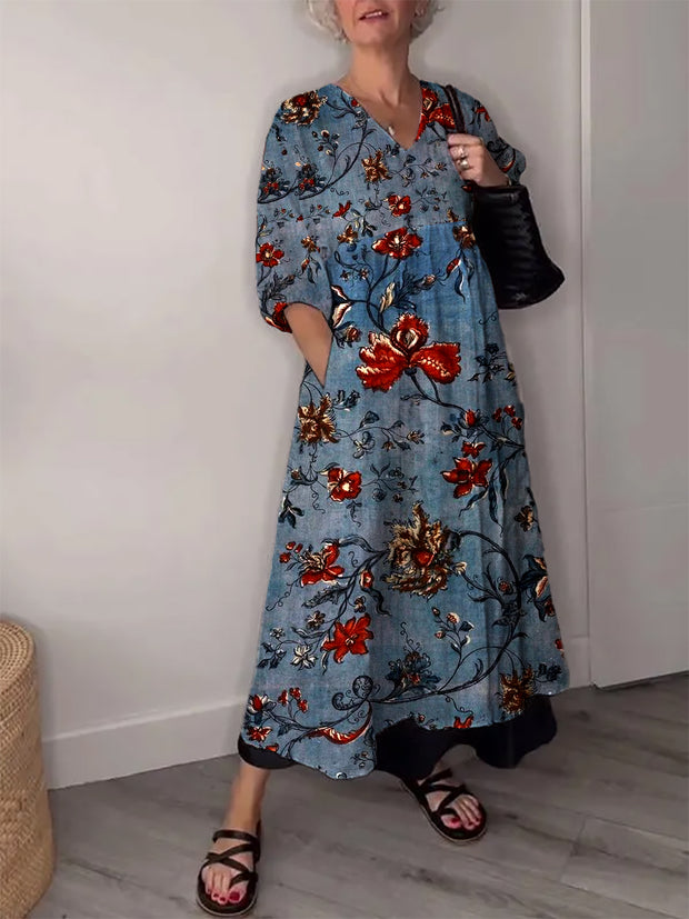 Vintage Floral Art Print V Neck Elegant Chic Loose Long Sleeve Midi Dress