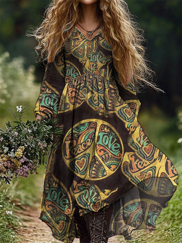 Vintage Floral Art Print V Neck Elegant Chic Loose Long Sleeve Midi Dress