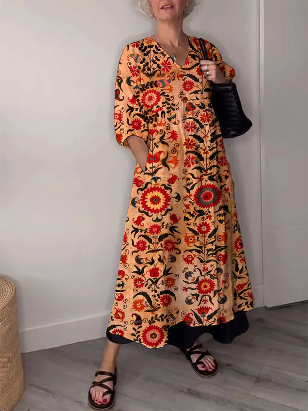 Vintage Floral Art Print V Neck Elegant Chic Loose Long Sleeve Midi Dress