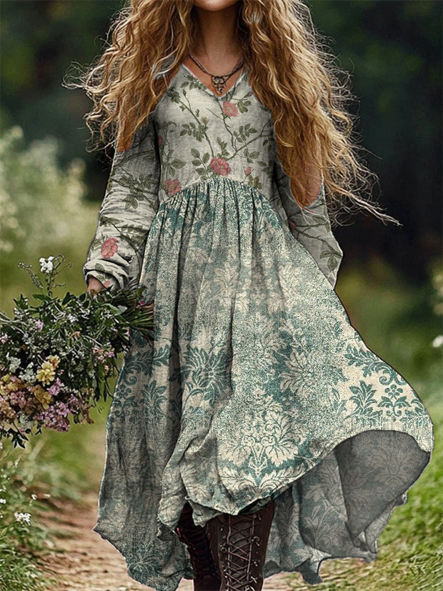 Vintage Floral Art Print V-Neck Elegant Chic Loose Long Sleeve Midi Dress