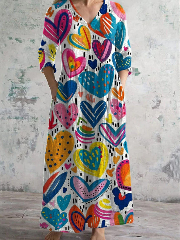 Retro Heart Fashion Print V Neck Long Sleeve Midi Dress