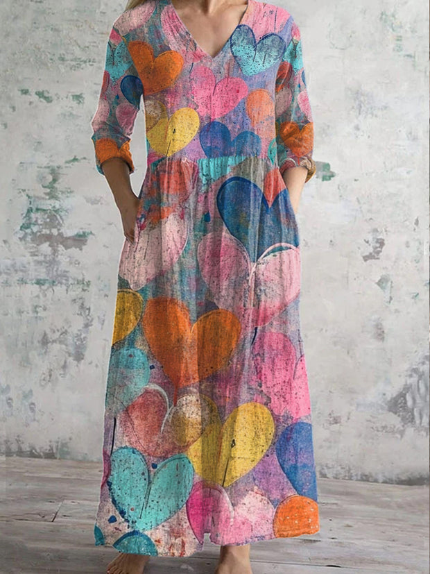 Retro Heart Fashion Print V Neck Long Sleeve Midi Dress