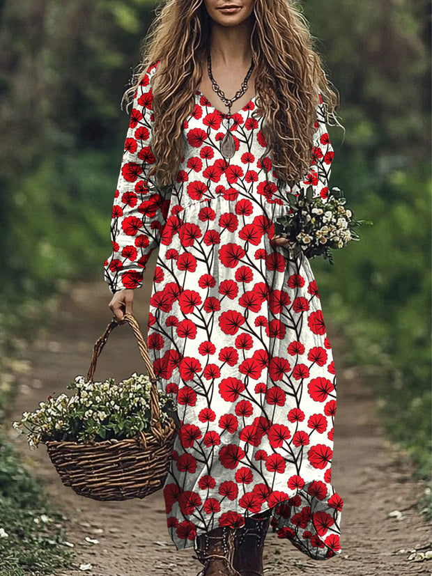 Women's Vintage Lovely Red Floral Art Print Cotton Dress