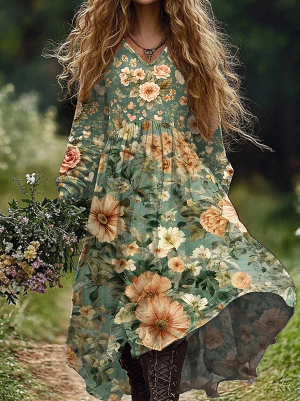 Retro Floral Art Print V-Neck Long Sleeve Midi Dress