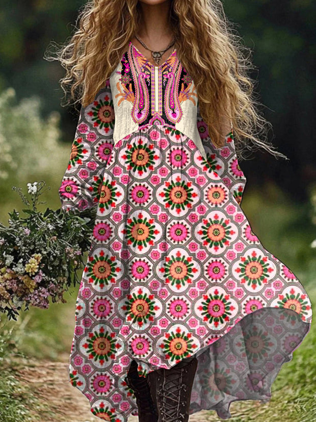 Vintage Bohemian Floral Print V-Neck Long Sleeve Midi Dress